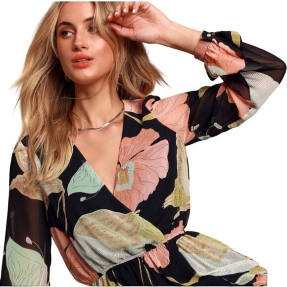 Lulus Wondrous Water Lilies Maxi Dress With Long Sleeves & Floral Print Size S - Picture 5 of 13